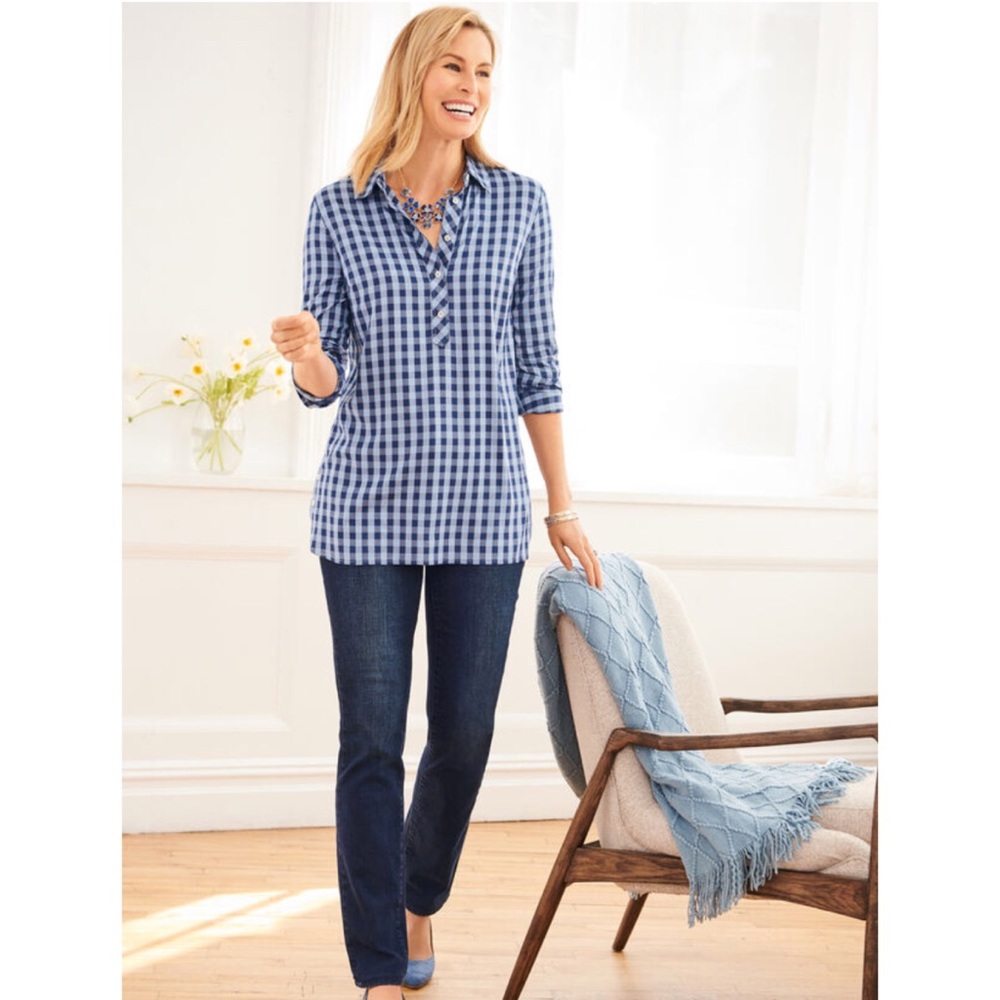 Talbots Gingham Popover Tunic Button Side Blouse - Picture 11 of 16